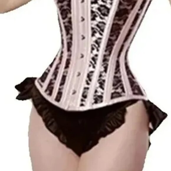 Pink Black Lace Steel Boned Corset Set - NEW - Picture 12 of 12